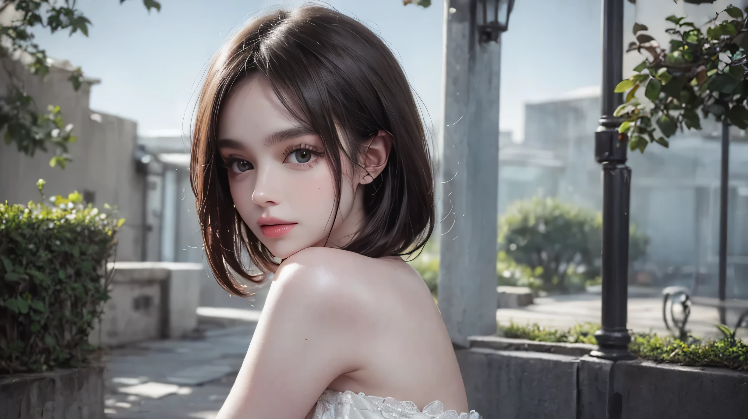 (surreal), (shape), (Improved resolution), (8K), (very detailed), (Best shape), (beautiful and detailed eyes), (highest quality), (Super detailed), (masterpiece ), ( wallpaper), (detailed face), 1 girl, 17 years old, white shawl,  Lace chest,  big breasts, looking at the viewer, small details, detailed face, in the dark, deep shadow, secret key, Pure erotic face ace_V1, smile, short hair, black straight hair , sexy gesture,