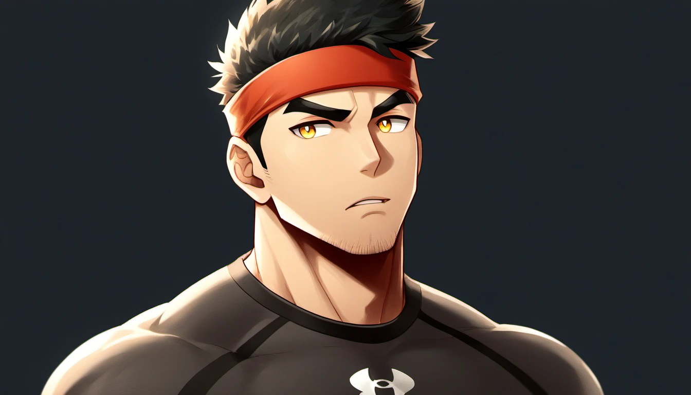 anime characters：Gyee, sports student, 1 young muscular man, male focus, sports Red headband, Under Armour sports tight T-shirt, muscular male, muscular, only, Upper body, alone, Black short hair, Thick eyebrows, stubble, Yellow eyes, Black background, simple background, amazing quality, best aesthetics, Ridiculous, bright pupils, crew cut, parted lips, v-shaped eyebrows, jitome, best quality