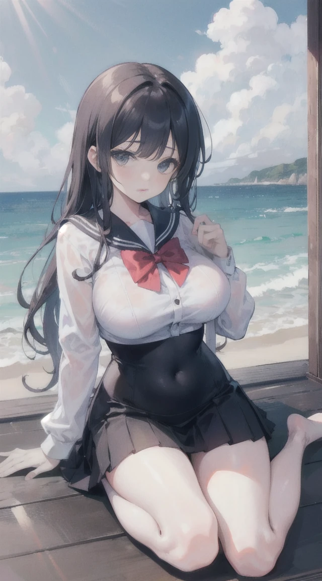 masterpiece（（masterpiece）），（white shirt），（（Black JK mini skirt）），（white transparent），Lovely，very shy，（long）hair，red bow tie，long腿，（There is one by the seaside），（Facing the sea），open navel，no shoes，（stand up），（Sailor suit），big breast