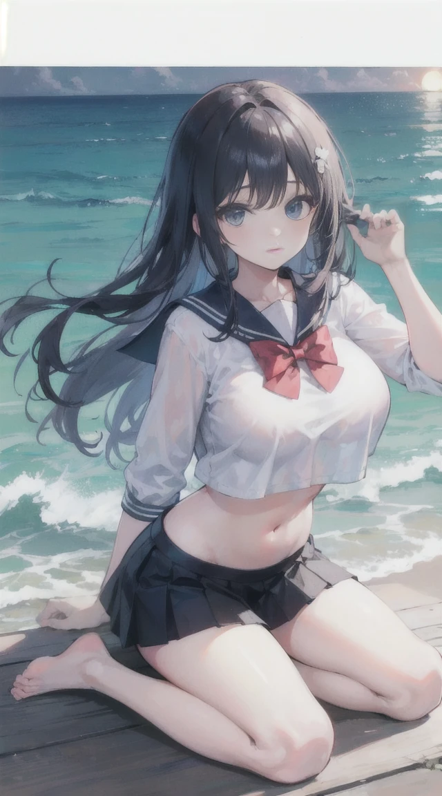 masterpiece（（masterpiece）），（white shirt），（（Black JK mini skirt）），（white transparent），Lovely，very shy，（long）hair，red bow tie，long腿，（There is one by the seaside），（Facing the sea），open navel，no shoes，（stand up），（Sailor suit），big breast