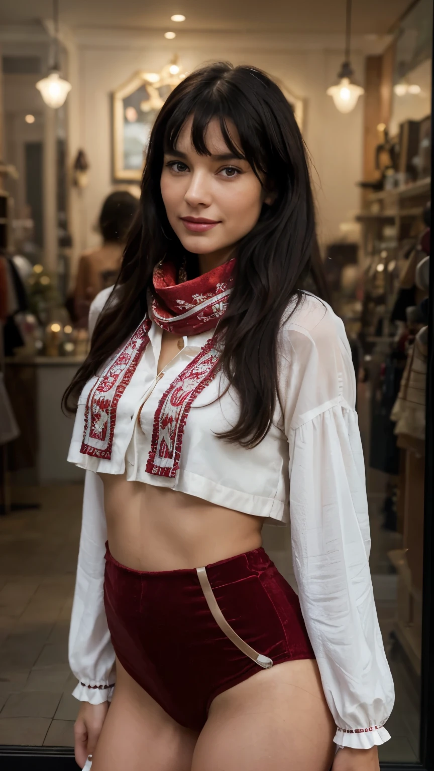 solo lovely smiling Bettie Page,, in front of boutique, (highest quality texture), boutique store front, display windows full of interesting items, film quality, dark skinned woman dressed in high style fashion, she wears red velvet scarf, (highest level red velvet texture detail, luxurious), she's in front of beautiful boutique ,soft accent candlelight in windows, gorgeous rembranndt like lighting, (Rembrandt patch), (highest quality window details), hip cool boutique in background, silky long dark hair, hair bangs to her eyes, every detail,Fine facial features, Masterpiece – Masterpiece ○○ quality – ○○ quality best quality(Highest Quality) ,Leica film, best, solo female, High quality (hiquality) etc ○○ detailed – ○○ details ultra detailed(Ultra-fine ), Photorealistic, Extremely detailed(Extremely detailed) , Finely detailed(Fine-grained), (highest detail skin texture peachfuzz earlobe realistic) etc ○○ res – ○○ resolution ultra high res(A high resolution) , very high texture res(light resolution), Realistic – Realistic Photorealistic – photorealistic beautiful – beautiful 4k , 8K, artsy shop front, close and intimate,