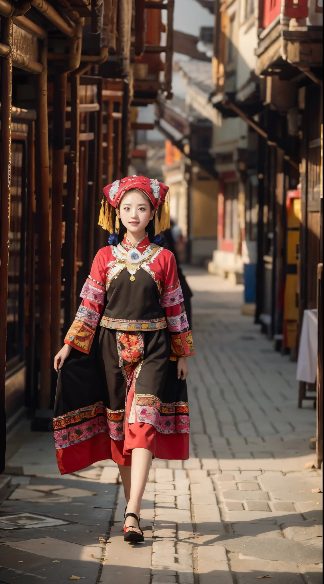 a girl,Wearing the traditional costumes of the Zhuang people,Walking towards the camera,Looking up,The front of the face faces the audience