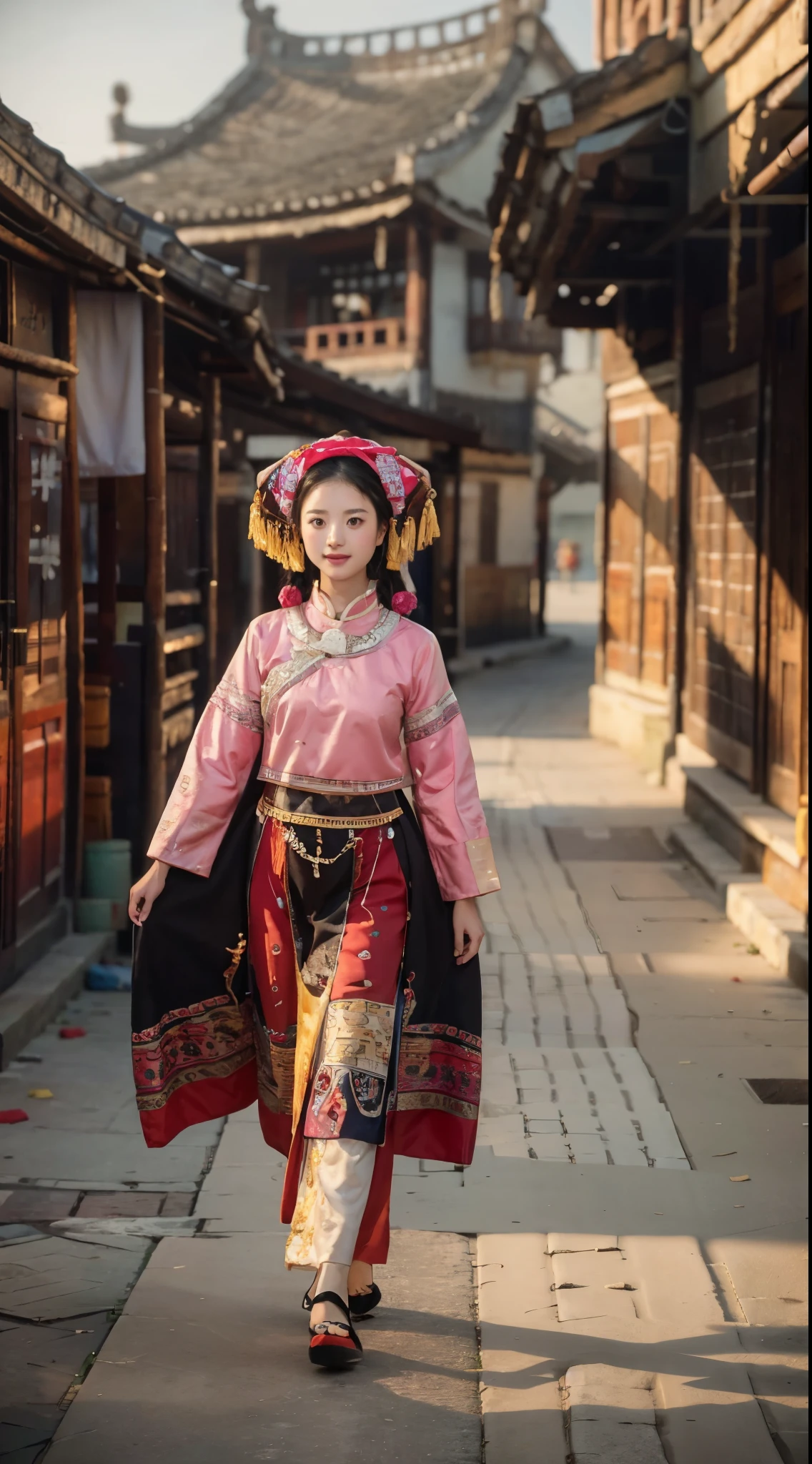 a girl,Wearing the traditional costumes of the Zhuang people,Walking towards the camera,Looking up,The front of the face faces the audience