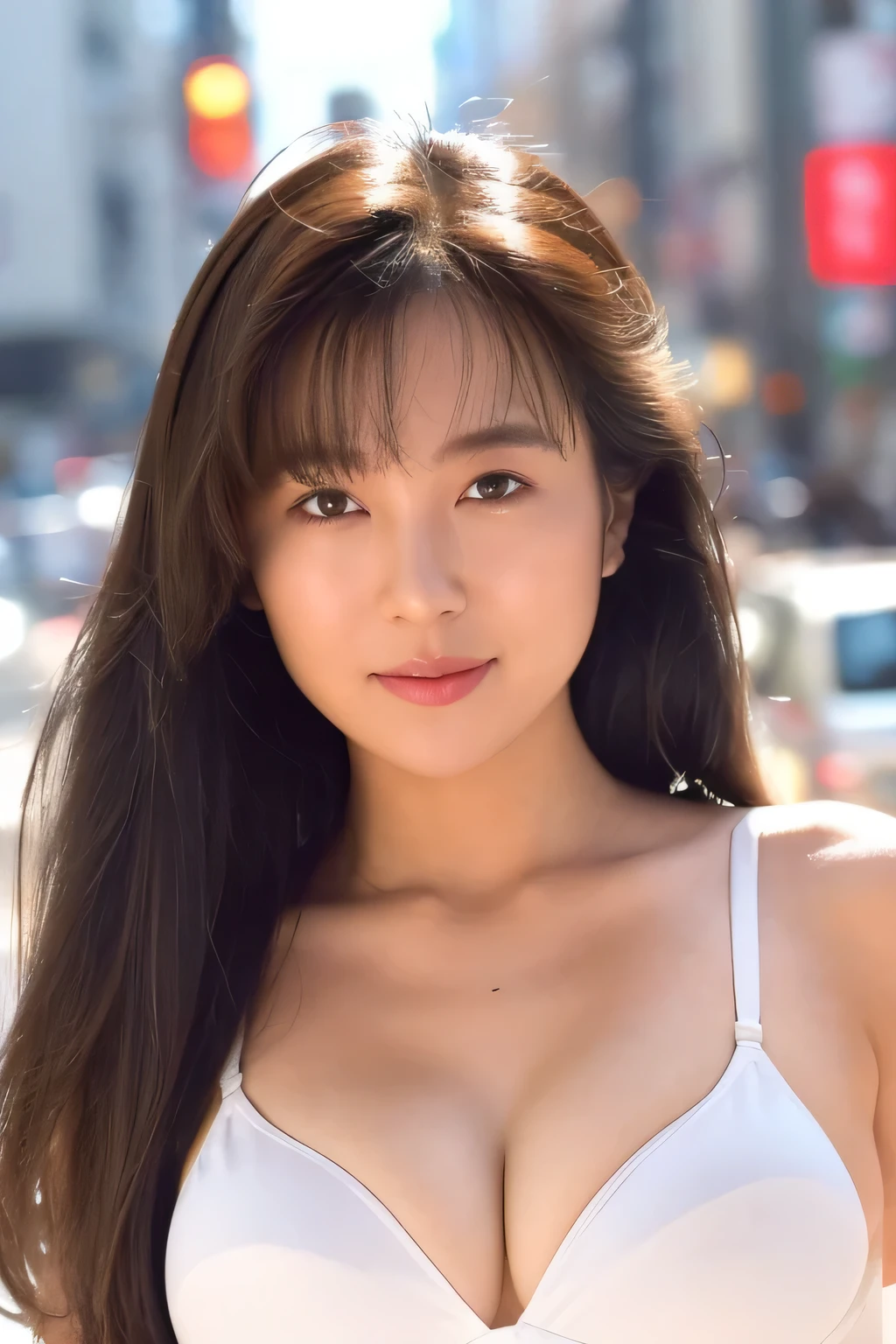 NSFW:1.5,((highest quality、8K resolution、master masterpiece、portrait:1.3)), Photoreal, 35mm film, 1 Japanese female, Upper body、on the street during the day, wrinkles around the eyes、plump body、long hair_bangs、smile,((white bra_panties:1.3)) , (outdoor:city street 1.3), jumbled background,look at the audience,Tokyo cityscape:1.3,close your mouth