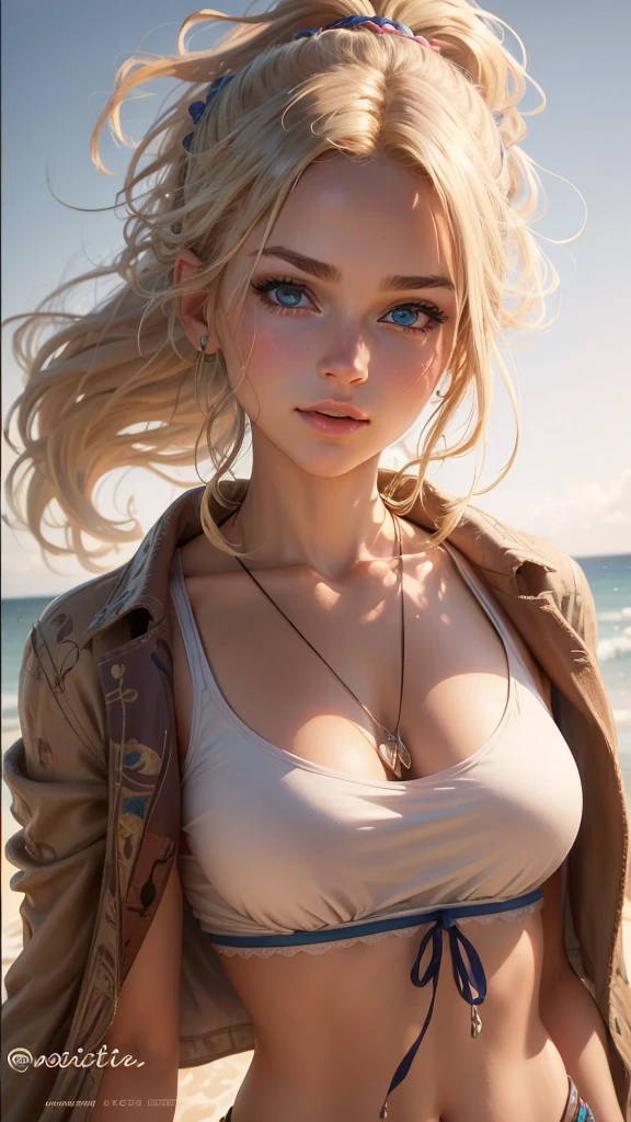 ((high-definition images, masterpiece, atmospheric perspective, 8k, super detail, accurate, best quality, single shot)), ((a westerner cute women)), (casual dress), jacket, unbuttoned shirt, swollen areoles, (round face, eyes realistic sizing, drooping eyes, blush, smile), (((open legs, focus on pubic hair))), (port town in Europe, beach, sky, in front of the café by the sea), blond braid hair, tiny earrings, thin necklace,