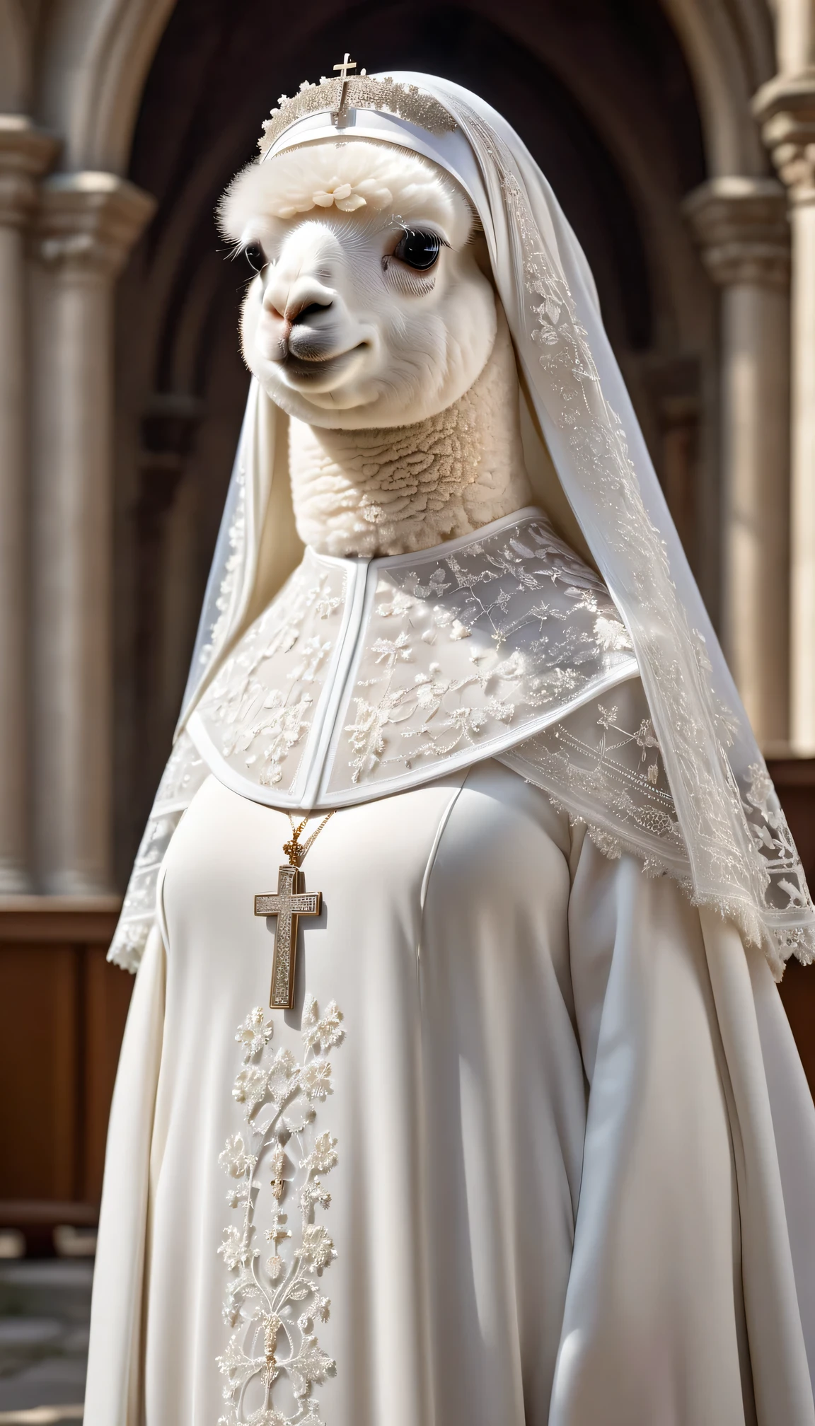 photorealistic portrait of Dressed animals - a ((fat)) white alpaca nun,(elegant pose:1.2),), high quality,(lovely) ,intricate details, highly detailed ((nun clothes)) ,wearing nun's veil ,highly detailed decorations, church background, (happy), natural lighting,(full body image:2.0)