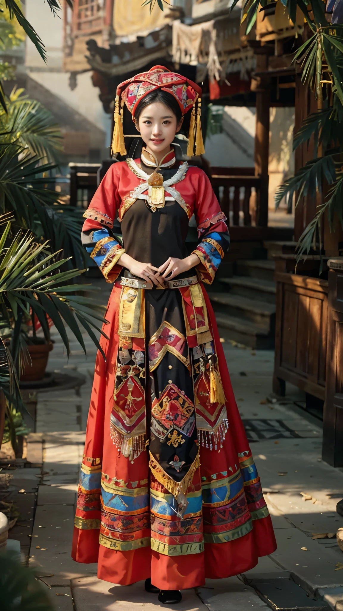 A tall and beautiful girl，Zhuang costumes，daytime，looking into camera，film photography，4K，Exquisite，high contrast