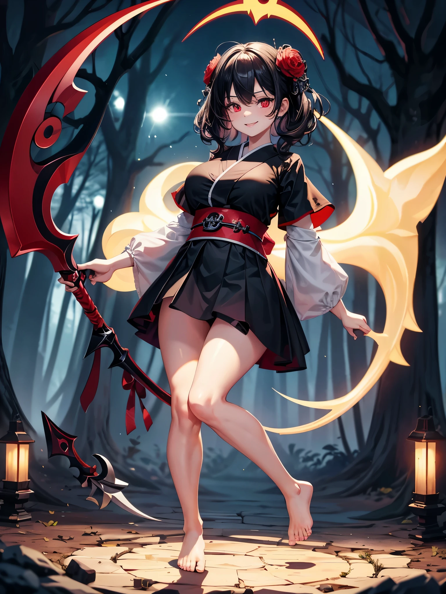 midnight forest view, snowing graveyard, solo, 1 ghost girl, very cute, 17yo, (holding round shape edged scythe in right hand:1.4), (black) french braid hair, (black) beret, (red) eyes, (black) japanese clothes, bandaged legs, garter rings, (black) micro mini skirt, (bare feet:1.2), (plump body), her footprints in snowground, there are some flames floating around her, evil smile, full body, looking at the viewer, (best quality, master piece, ultra details, 16k, ultra highres, illustration, best shadow, vivid color, correct anatomy:1.2)