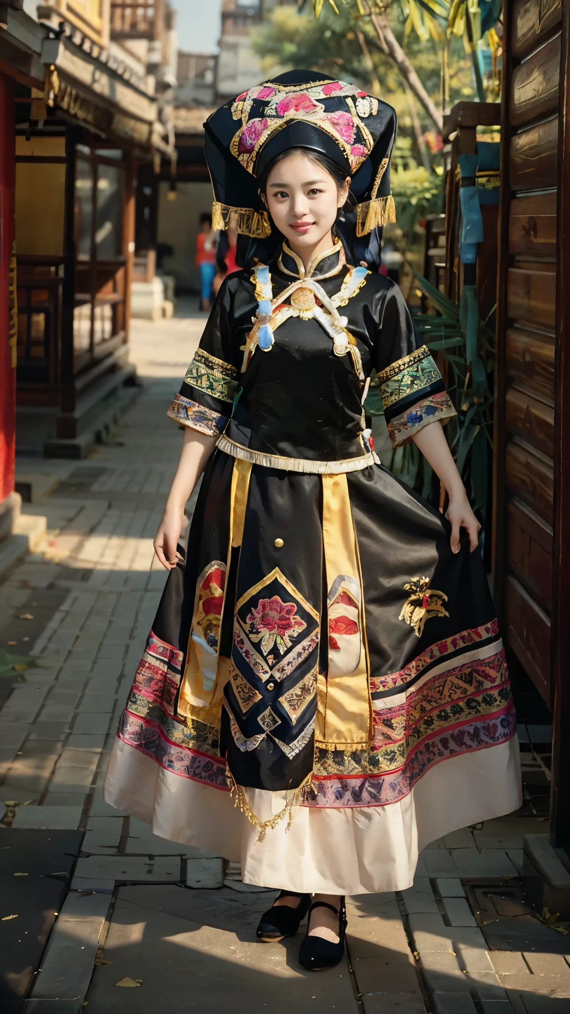 A tall and beautiful girl,Zhuang costumes,daytime,looking into camera,film photography,4K,Exquisite,high contrast