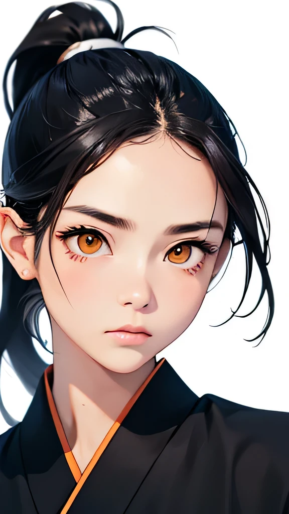 highest quality、realistic、Japanese、zoom、look up、cute、orange eyes、ponytail、black hair、all back、Forehead is coming out、White ninja outfit、ninja、night、face close up、slender