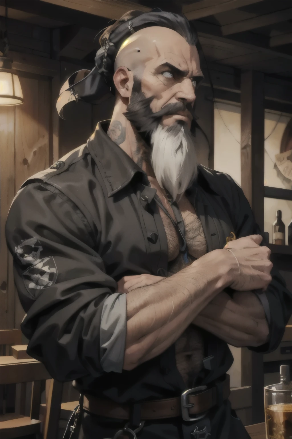 rugged man, long black beard, shaved head, mean eyes, rough look, fully clothed, pirate tavern