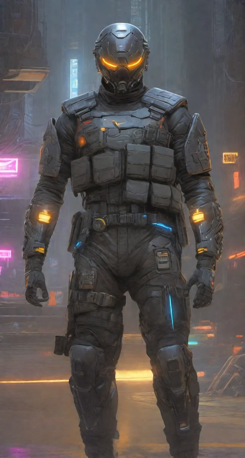 ((Best Quality)), ((Masterpiece)), (Very detailed:1.3)(Cyberpunk:1.3),(Depth of Field) HDR (High Dynamic Range), Super Resolution, a man in a helmet dressed in tactical armor, With a black cape,Shoulder pads, Knee pads, Utility belt, three throwing knives holstered on his arm, Pistol holstered on his leg