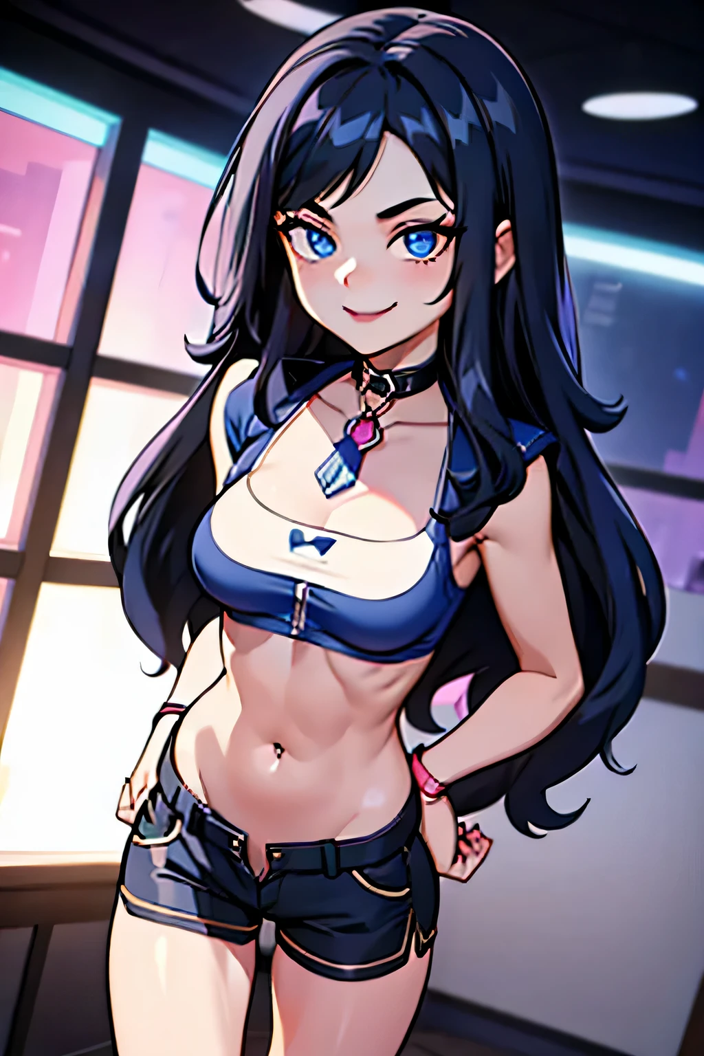 (Cartoon style), ((best quality)), depth of field, (dynamic angle), (blue eyes), 1girl, goth girl:1.2, 18 years old, long black hair, hair in one long braid down to her butt: 1.4, narrow waist, Abs, smile:1.3, navel, medium bust, Choker, tomboy, top and shorts, Jacket, mischievous smile:1.3, navel, party, dance Club, seductive,