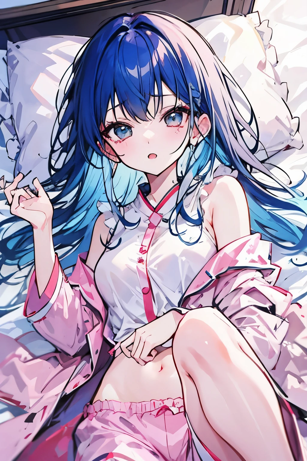 Mine girl、With light blue hair、Semi-long、Lying on the bed in my pajamas、cute、