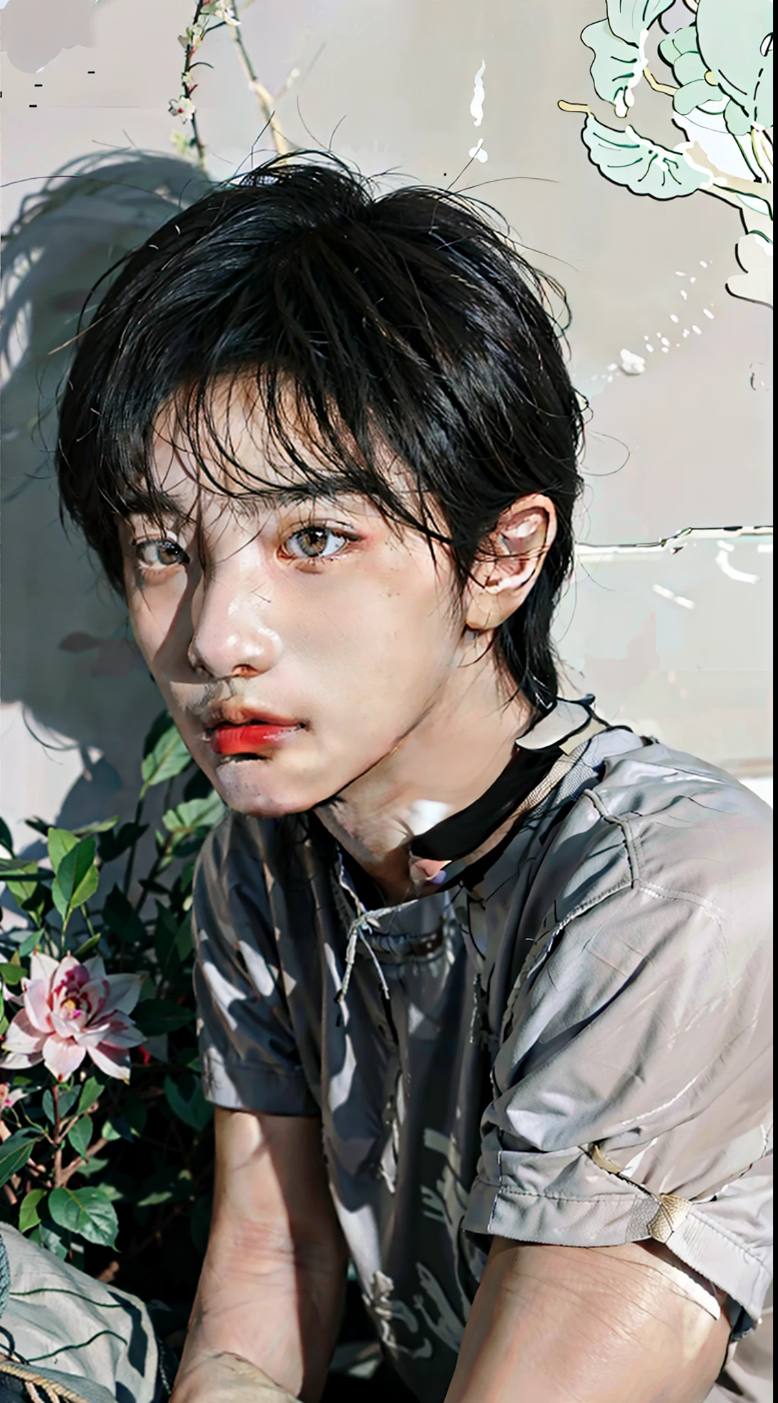 arafed asian man with a gray shirt and a plant, kim doyoung, jia, Jung Jaehyun, jinyoung shin, yanjun chengt, Photoshoot, sha xi, kim taejin, hyung tae, Cai Xu Kun, pale korean adorable face, Shin Jeongho, foto de perfil en la cabeza, jin shan, inspirado en Bian Shoumin, young pale angel