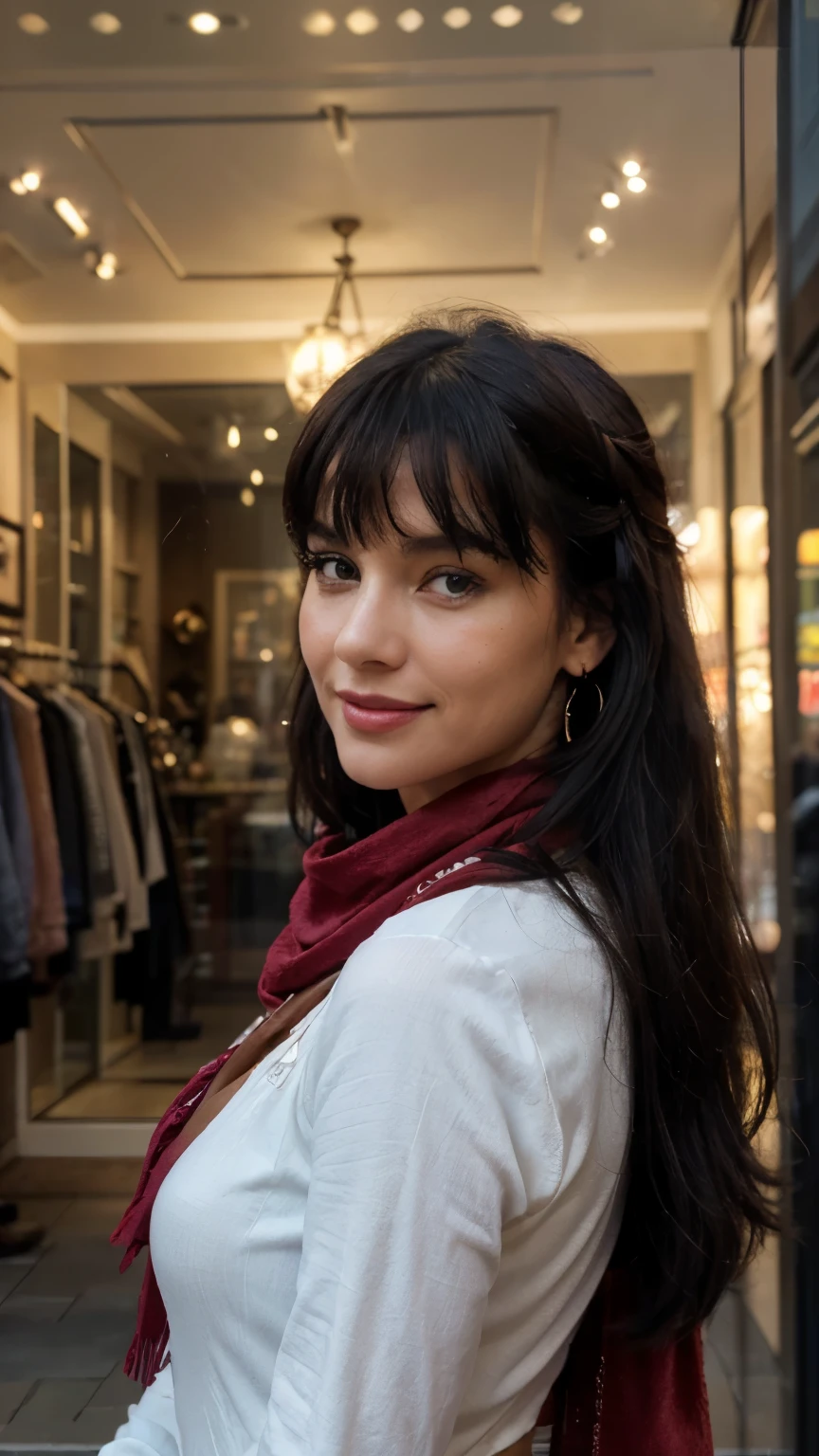 solo lovely smiling Bettie Page,, in front of boutique, (highest quality texture), boutique store front, display windows full of interesting items, film quality, dark skinned woman dressed in high style fashion, she wears red velvet scarf, (highest level red velvet texture detail, luxurious), she's in front of beautiful boutique ,soft accent candlelight in windows, gorgeous rembranndt like lighting, (Rembrandt patch), (highest quality window details), hip cool boutique in background, silky long dark hair, hair bangs to her eyes, every detail,Fine facial features, Masterpiece – Masterpiece ○○ quality – ○○ quality best quality(Highest Quality) ,Leica film, best, solo female, High quality (hiquality) etc ○○ detailed – ○○ details ultra detailed(Ultra-fine ), Photorealistic, Extremely detailed(Extremely detailed) , Finely detailed(Fine-grained), (highest detail skin texture peachfuzz earlobe realistic) etc ○○ res – ○○ resolution ultra high res(A high resolution) , very high texture res(light resolution), Realistic – Realistic Photorealistic – photorealistic beautiful – beautiful 4k , 8K, artsy shop front, close and intimate,