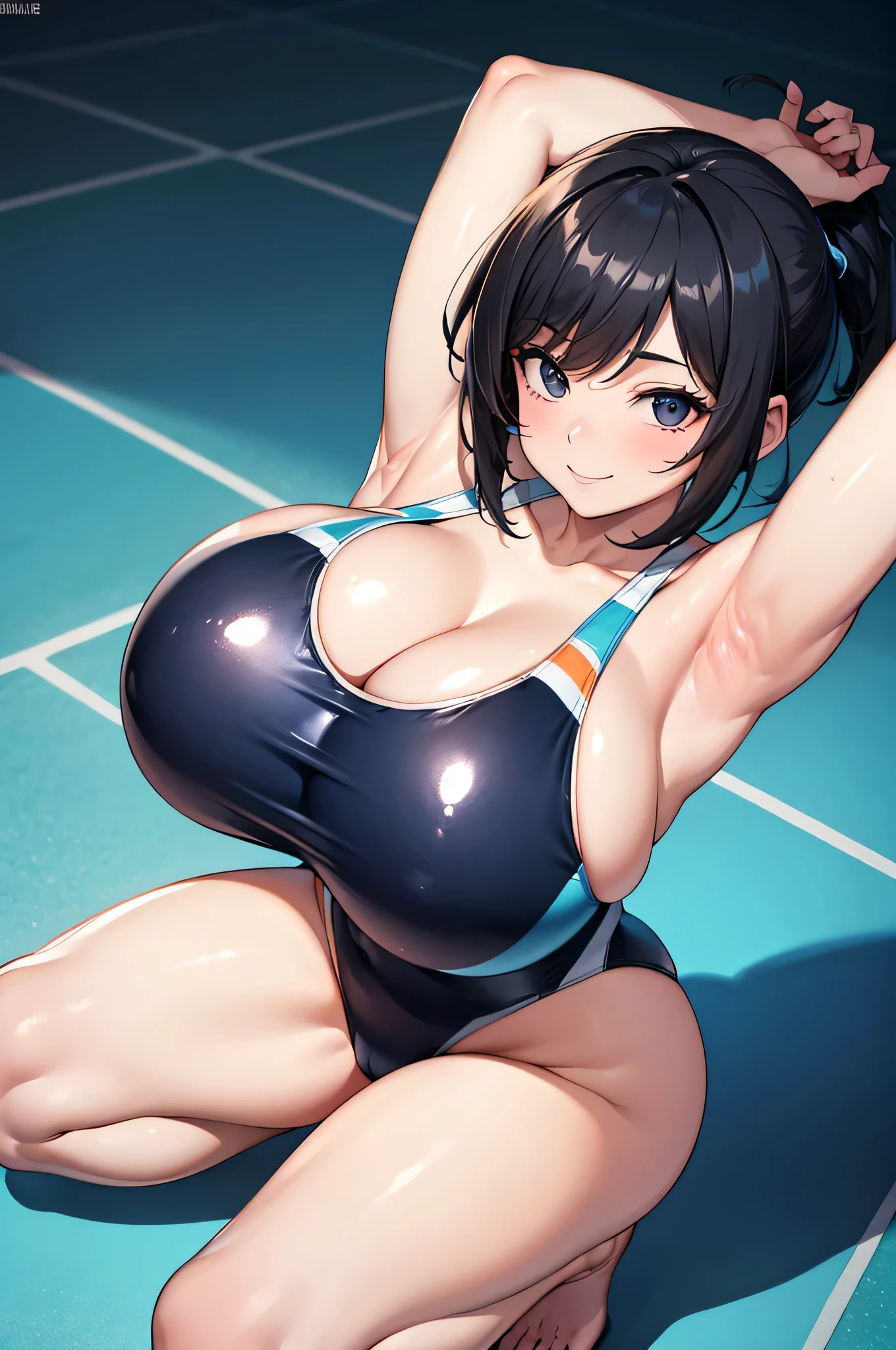 (latex:1.5),(squatting:1.5),(from directly above:1.5),((from above:1.5)),((beautiful armpits:1.5)), (1girl:1.5),(under breasts:2.0),(Smile Beam:1.5),((huge breasts:1.8)),(huge saggy breasts:1.8), ((cleavage:1.5)),((blue competition swimsuit:2.0)),((High leg:1.5), 20 years old,masterpiece,hyper quality, very detailed,perfect picture,3D,8k,High resolution,seductive anime girl, medium hair:1.3,black hair,(black eye:1.5),sporty hairstyle,Smooth anime CG art,