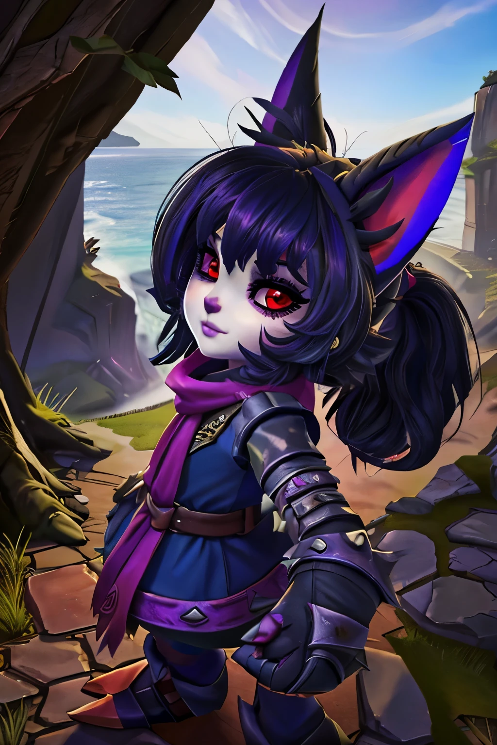 una yordle fe****** del videojuego League of Legends, ,((long hair slightly wavy slightly past the shoulders, black bangs, small black pigtails on the sides, cute cat ears, beautiful thin red eyes,)),, 2.5 pies de altura, no muy peludo, con 4 dedos en cada mano y pie, siempre con un peluche tejido de Veigar el hechicero yordle, con gafas y un sombrero de mago con flores y llamas, su outfit es morado claro y rojo simulando llamas, con un fleco hacia la izquierda cubriendo un ojo por encima de las gafas, gafas azules o celestes, a dark blue scarf with thorn symbols around the neck, orejas cortas con pelaje rojo por dentro, Cabello rizado y corto que es de color violeta muy claro y se desvanece a azul oscuro., with a sarcastic and evil attitude, para anuncio&d juego