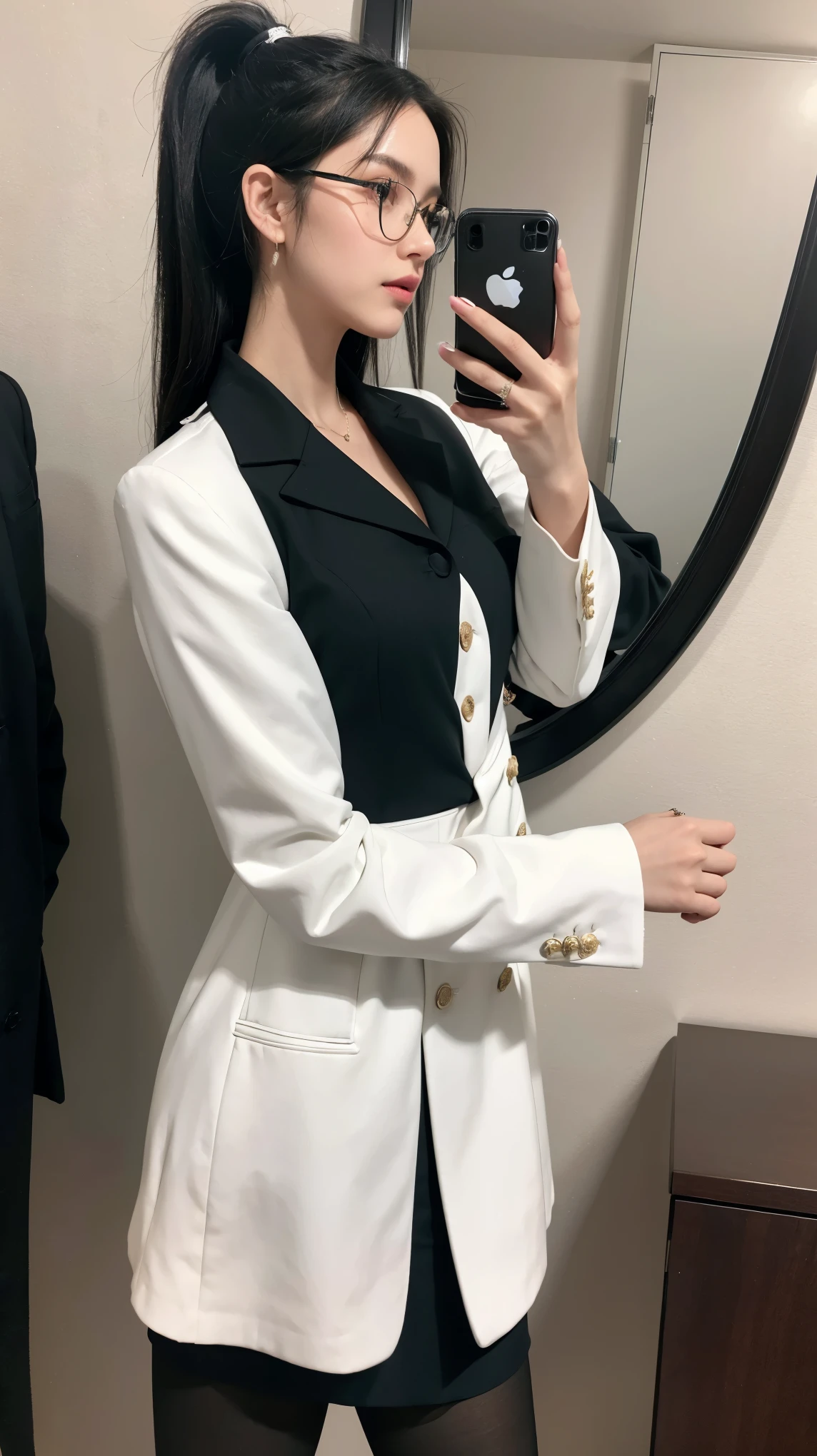 ((best quality)), ((masterpiece)), (detailed), (photorealistic:1.4), 1 girl, solo, best quality, masterpiece, ultra high res, 1girl, (detailed face:1.2), (detailed eyes:1.2), (detailed hair:1.2), (detailed clothes:1.2), 4k, (detailed color:1.2), perfect face, beautiful body, pretty face, teenager female, perfect body, Ultra-high detail, Photorealism, Intimate atmosphere, flowing light, black straight hair, ponytail, glasses, wear a black coat, black coat, business coat, white blouse, polite uniform, white business blouse, black business coat, black skirt, boss coat, black pantyhose, luxury pantyhose, Stand in front of the mirror, bend your body, office room, holding a phone, in front of mirror, she taking a photo in a mirror with her cellphone