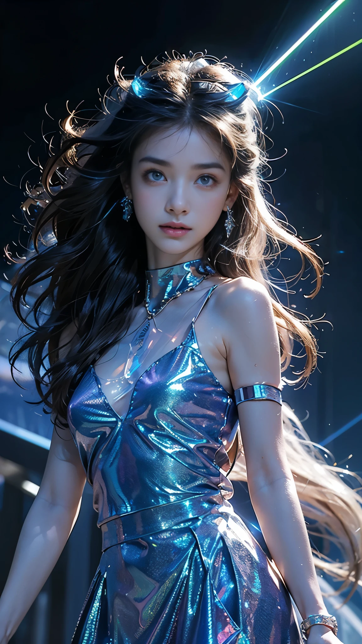 8K, ultra hd, masterpiece, 1 girl, (good face:1.4), detailed eyes, very long hair, impressive hairstyle, earings, necklace, small breasts, (fantasy glowing outfit:1.5), see-through, (blue laser outfit:1.5), Light-colored foundation brings out the skin, (in the dark:1.5), mystery, (laser lights:1.5), glowing lights, very decoration, The moonlight falls like water, perfect front body,