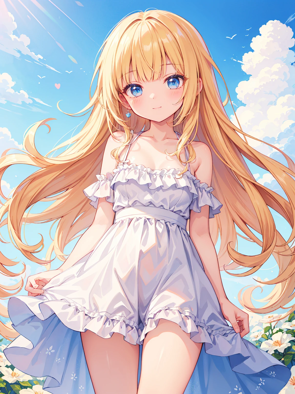 High quality, Ultra detailed, best quality, insanely detailed, masterpiece, beautiful illustrations, highest quality, pretty girl, ((very cute)), ((lovely)), ((sweet body)), 1girl, standing, pastel colour, blonde hair, wavy long hair, (blunt bangs), caucasian, bright lighting, sky-blue eyes, soft smile, looking at viewer