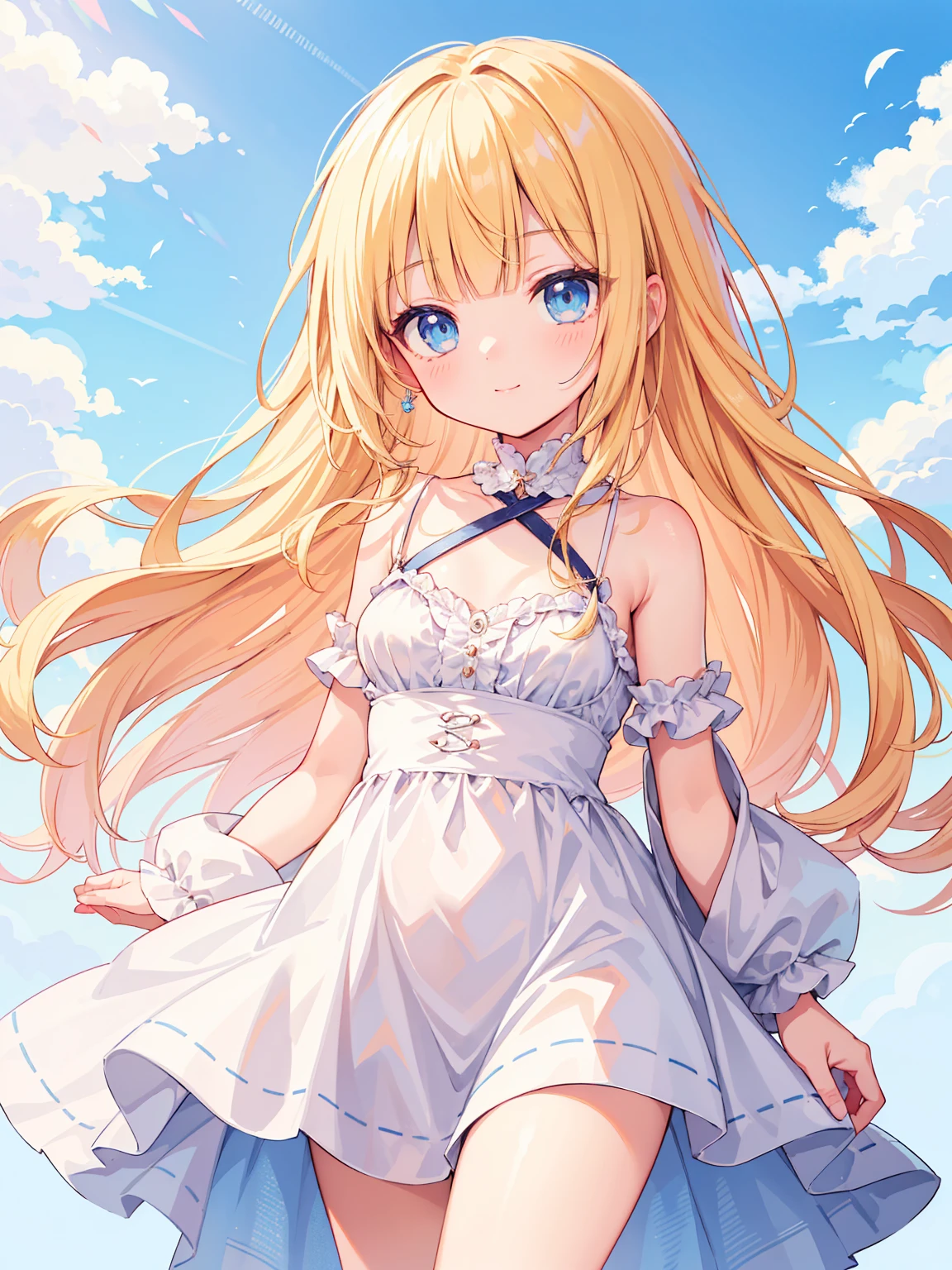 High quality, Ultra detailed, best quality, insanely detailed, masterpiece, beautiful illustrations, highest quality, pretty girl, ((very cute)), ((lovely)), ((sweet body)), 1girl, standing, pastel colour, blonde hair, wavy long hair, (blunt bangs), caucasian, bright lighting, sky-blue eyes, soft smile, looking at viewer