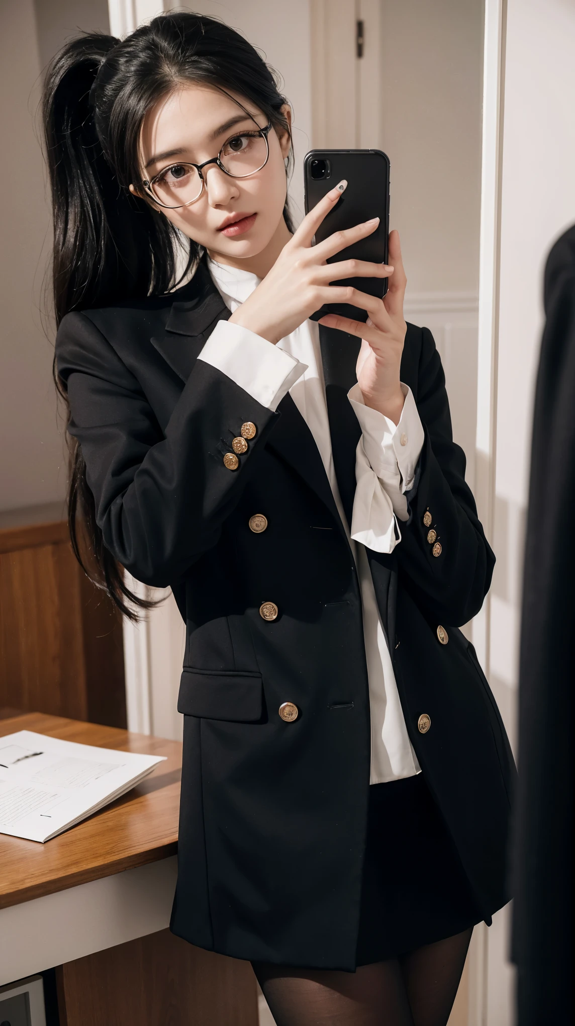 ((best quality)), ((masterpiece)), (detailed), (photorealistic:1.4), 1 girl, solo, best quality, masterpiece, ultra high res, 1girl, (detailed face:1.2), (detailed eyes:1.2), (detailed hair:1.2), (detailed clothes:1.2), 4k, (detailed color:1.2), perfect face, beautiful body, pretty face, teenager female, perfect body, Ultra-high detail, Photorealism, Intimate atmosphere, flowing light, black straight hair, ponytail, glasses, wear a black coat, black coat, business coat, white blouse, polite uniform, white business blouse, black business coat, black skirt, boss coat, black pantyhose, luxury pantyhose, Stand in front of the mirror, bend your body, office room, holding a phone, in front of mirror, she taking a photo in a mirror with her cellphone