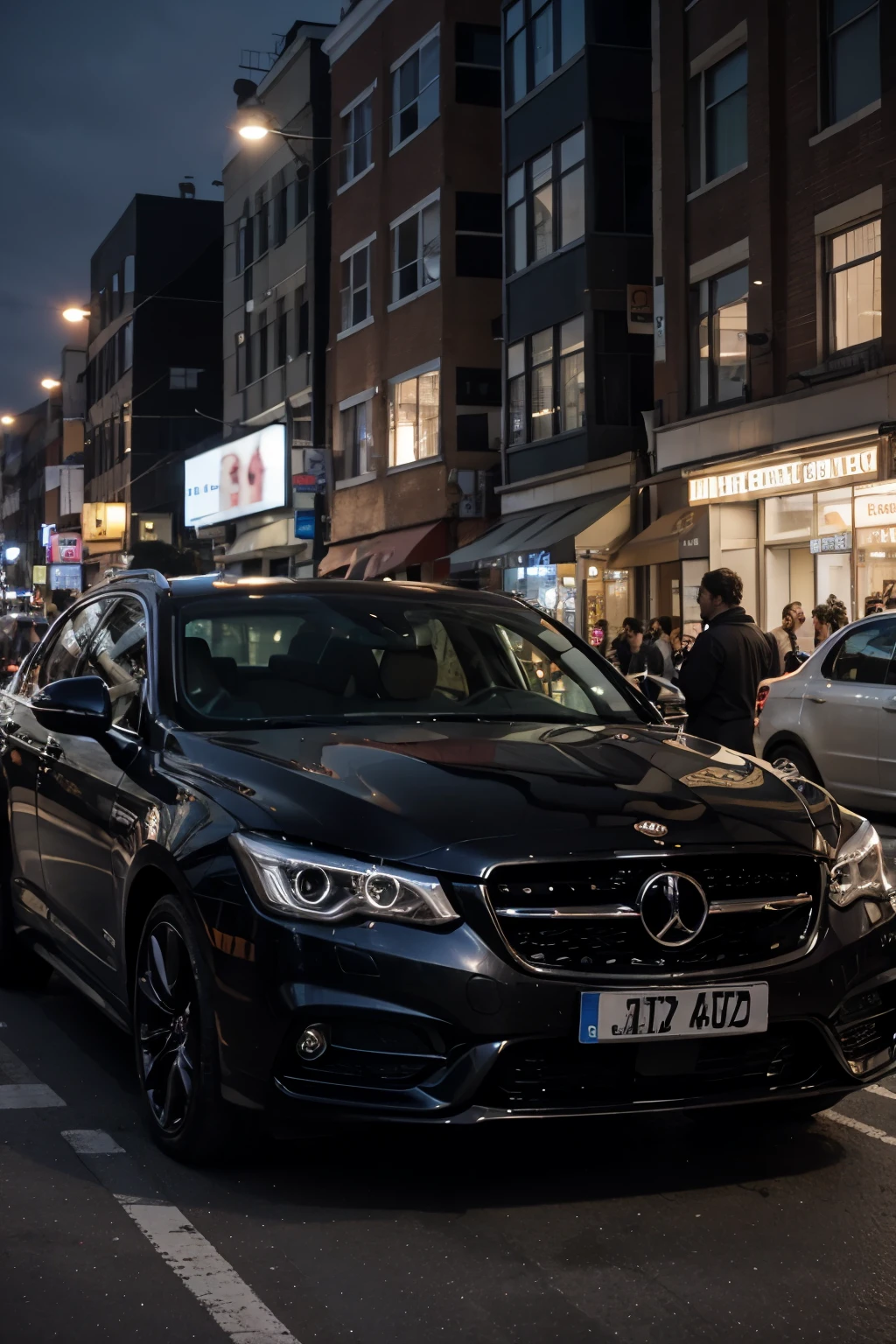 Generate picture of lion in the city night with luxury car.