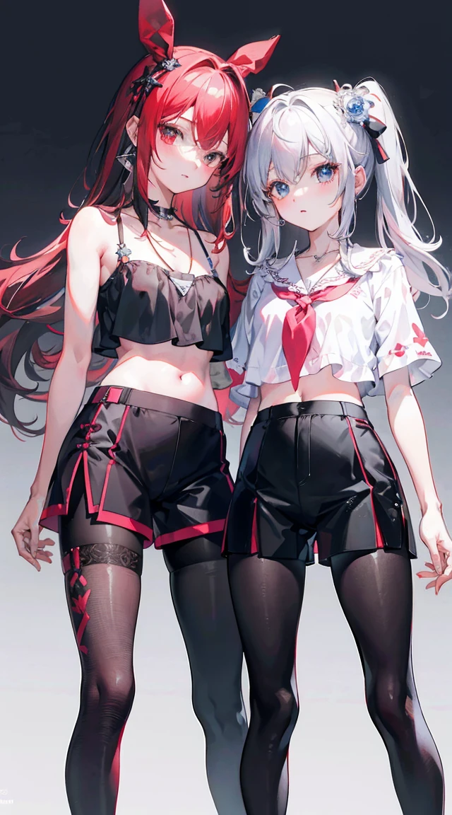 ,twin, masterpiece,best quality,official art,Extremely detailed CG unified 8k wallpaper, 2 girls, cute female , Yuri, hair accessories, shorts, crop top, pantyhose, ribbon_necklace, Leg straps,