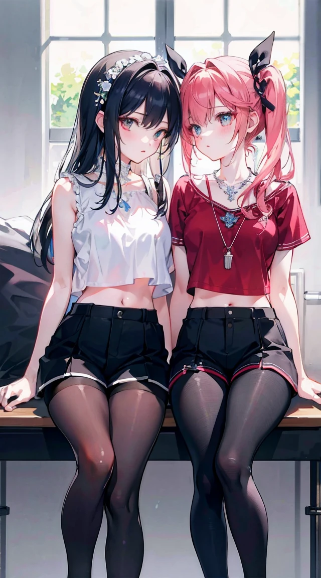 ,twin, masterpiece,best quality,official art,Extremely detailed CG unified 8k wallpaper, 2 girls, cute female , Yuri, hair accessories, shorts, crop top, pantyhose, ribbon_necklace, Leg straps,