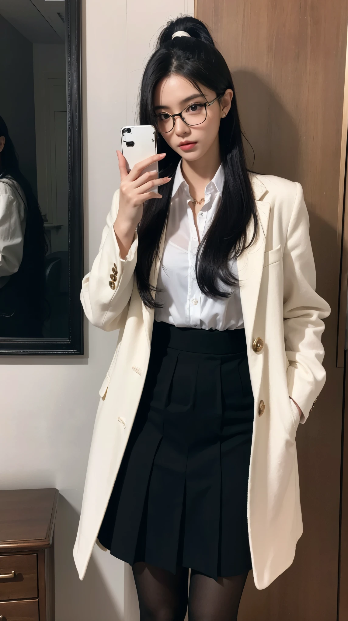((best quality)), ((masterpiece)), (detailed), (photorealistic:1.4), 1 girl, solo, best quality, masterpiece, ultra high res, 1girl, (detailed face:1.2), (detailed eyes:1.2), (detailed hair:1.2), (detailed clothes:1.2), 4k, (detailed color:1.2), perfect face, beautiful body, pretty face, teenager female, perfect body, Ultra-high detail, Photorealism, Intimate atmosphere, flowing light, black straight hair, ponytail, glasses, wear a black coat, black coat, business coat, white blouse, polite uniform, white business blouse, black business coat, black skirt, boss coat, black pantyhose, luxury pantyhose, Stand in front of the mirror, bend your body, office room, holding a phone, in front of mirror, she taking a photo in a mirror with her cellphone