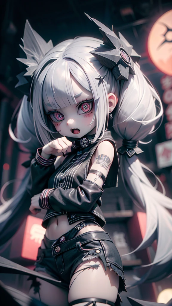 #Quality(8k,best quality,masterpiece,cinematic),solo,#1girl(cute, kawaii,small kid,mad face:1.4,open mouth,sharp teeth,hair floating,hair color half black and half white,twin tail hair,pale skin,skin color blue,eyes are red,red eyes shining,big eyes,ripped clothes:1.4,tube top,hot pants,claw pose:1.4,bust shot:1.4,open stomach),#background(at night,red moon in the sky,outside,backstreet,dark),no mask8k uhd,cinematic,solo,1 lady girl,(super cuteness) ,(Soft makeup:1.4),open mouth,sharp teeth,hair floating,hair color half black and half white,twin tail hair,pale skin,shiny skin,beautiful eyes,blue eyes shining,(big eyes:0.8),(ripped clothes:1.4), tube top,hot pants,(claw pose:1.4),(bust shot:1.4),open stomach,background(at night,red moon in the sky,outside, backstreet,dark),no mask