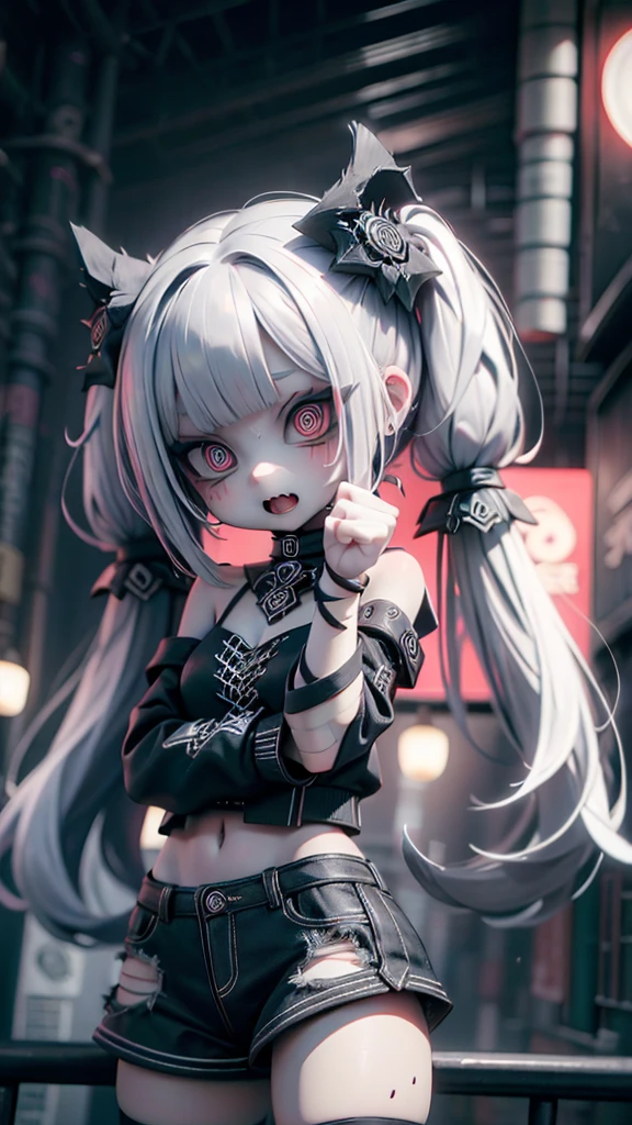 #Quality(8k,best quality,masterpiece,cinematic),solo,#1girl(cute, kawaii,small kid,mad face:1.4,open mouth,sharp teeth,hair floating,hair color half black and half white,twin tail hair,pale skin,skin color blue,eyes are red,red eyes shining,big eyes,ripped clothes:1.4,tube top,hot pants,claw pose:1.4,bust shot:1.4,open stomach),#background(at night,red moon in the sky,outside,backstreet,dark),no mask8k uhd,cinematic,solo,1 lady girl,(super cuteness) ,(Soft makeup:1.4),open mouth,sharp teeth,hair floating,hair color half black and half white,twin tail hair,pale skin,shiny skin,beautiful eyes,blue eyes shining,(big eyes:0.8),(ripped clothes:1.4), tube top,hot pants,(claw pose:1.4),(bust shot:1.4),open stomach,background(at night,red moon in the sky,outside, backstreet,dark),no mask