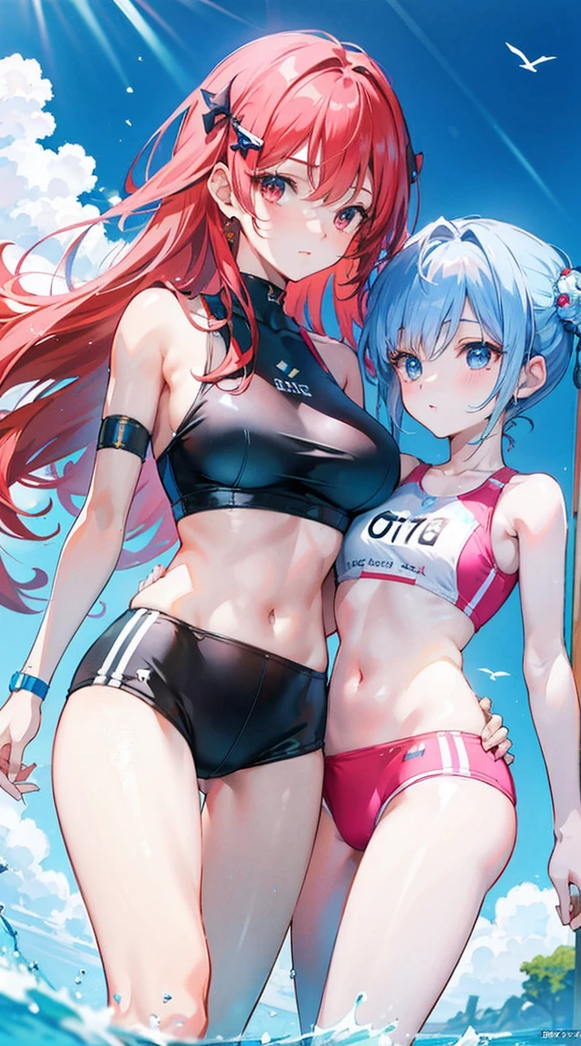 ,twin, masterpiece,best quality,official art,Extremely detailed CG unified 8k wallpaper, 2 girls, cute female , Yuri, hair accessories, , crop top, swimsuit