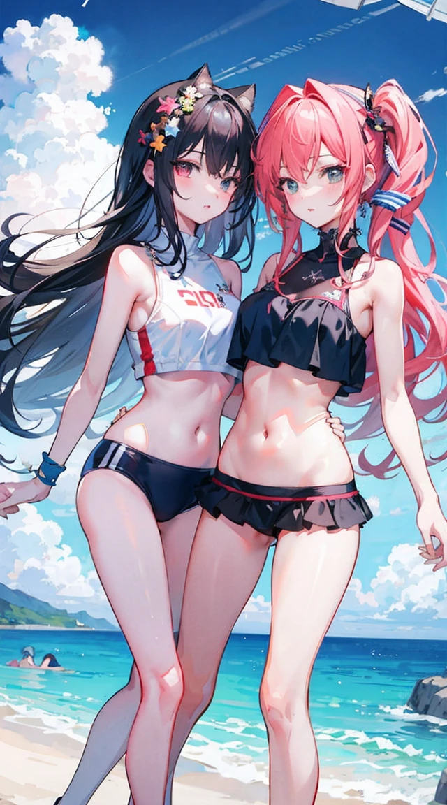 ,twin, masterpiece,best quality,official art,Extremely detailed CG unified 8k wallpaper, 2 girls, cute female , Yuri, hair accessories,  , crop top,  swimsuit