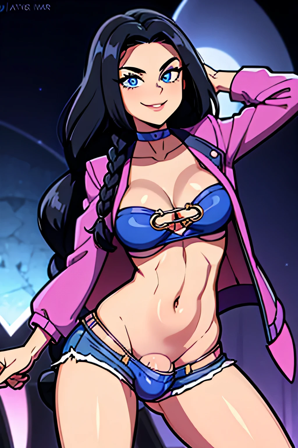 (Cartoon style), ((best quality)), depth of field, (dynamic angle), (blue eyes), 1girl, goth girl:1.2, 18 years old, long black hair, hair in one long braid down to her butt: 1.4, narrow waist, Abs, smile:1.3, navel, medium bust, Choker, tomboy, top and shorts, Jacket, mischievous smile:1.3, navel, party, dance Club, seductive, Penis bulge,