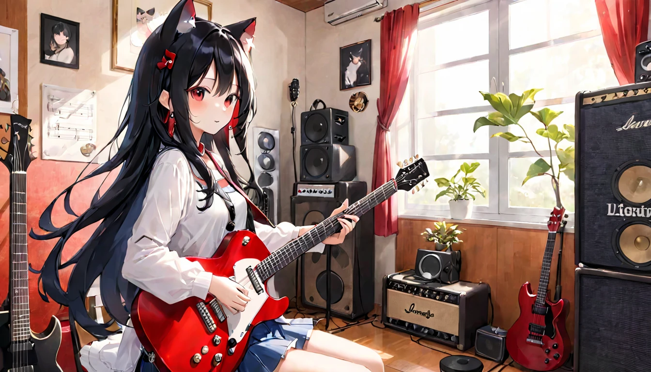 （one girl）、Cat ear、playing the guitar、red guitar、Accurately shaped guitar、music room、vocal woman、Woman with long black hair、