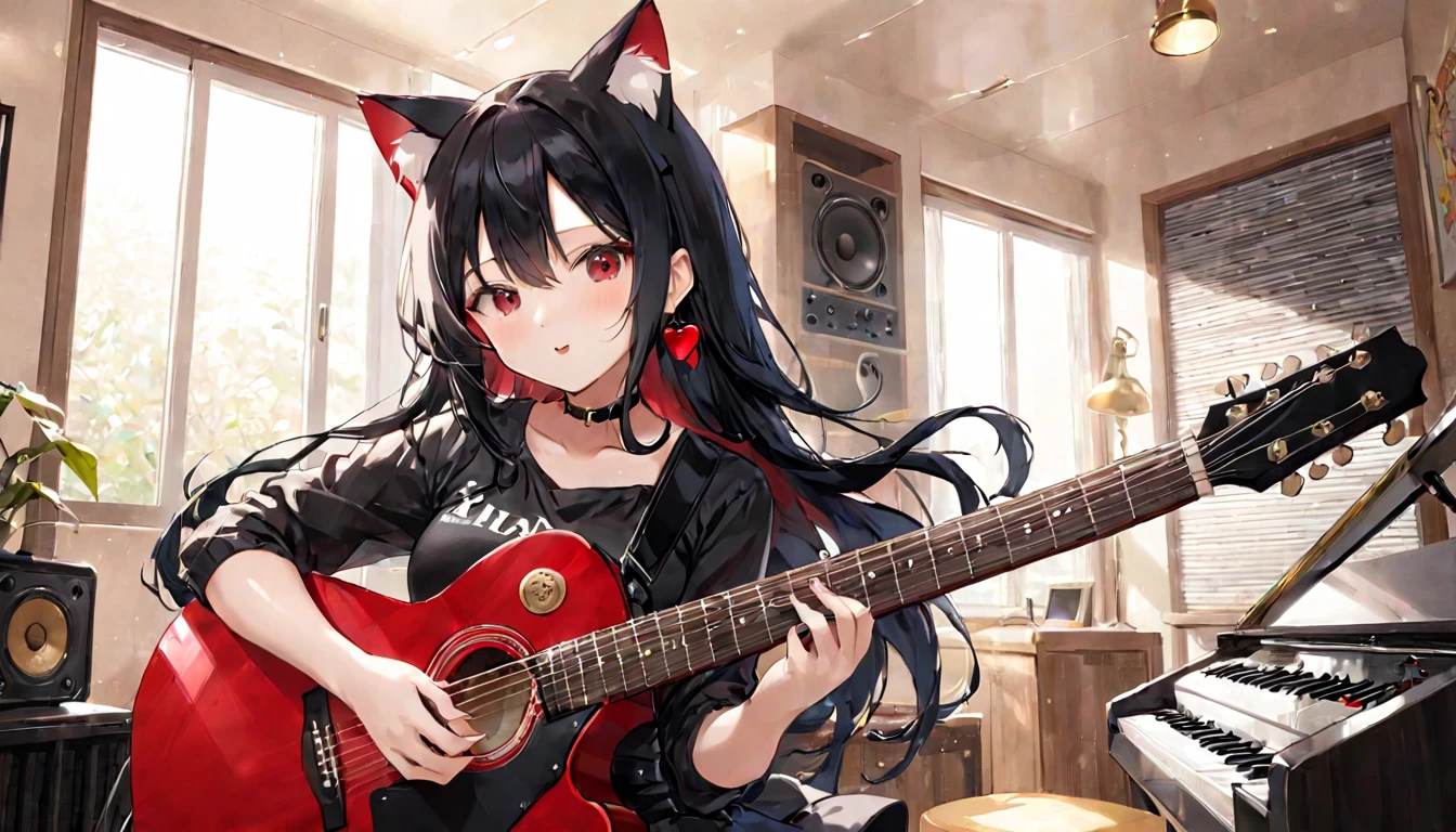 (one girl)、Cat ear、playing the guitar、red guitar、Accurately shaped guitar、music room、vocal woman、Woman with long black hair、