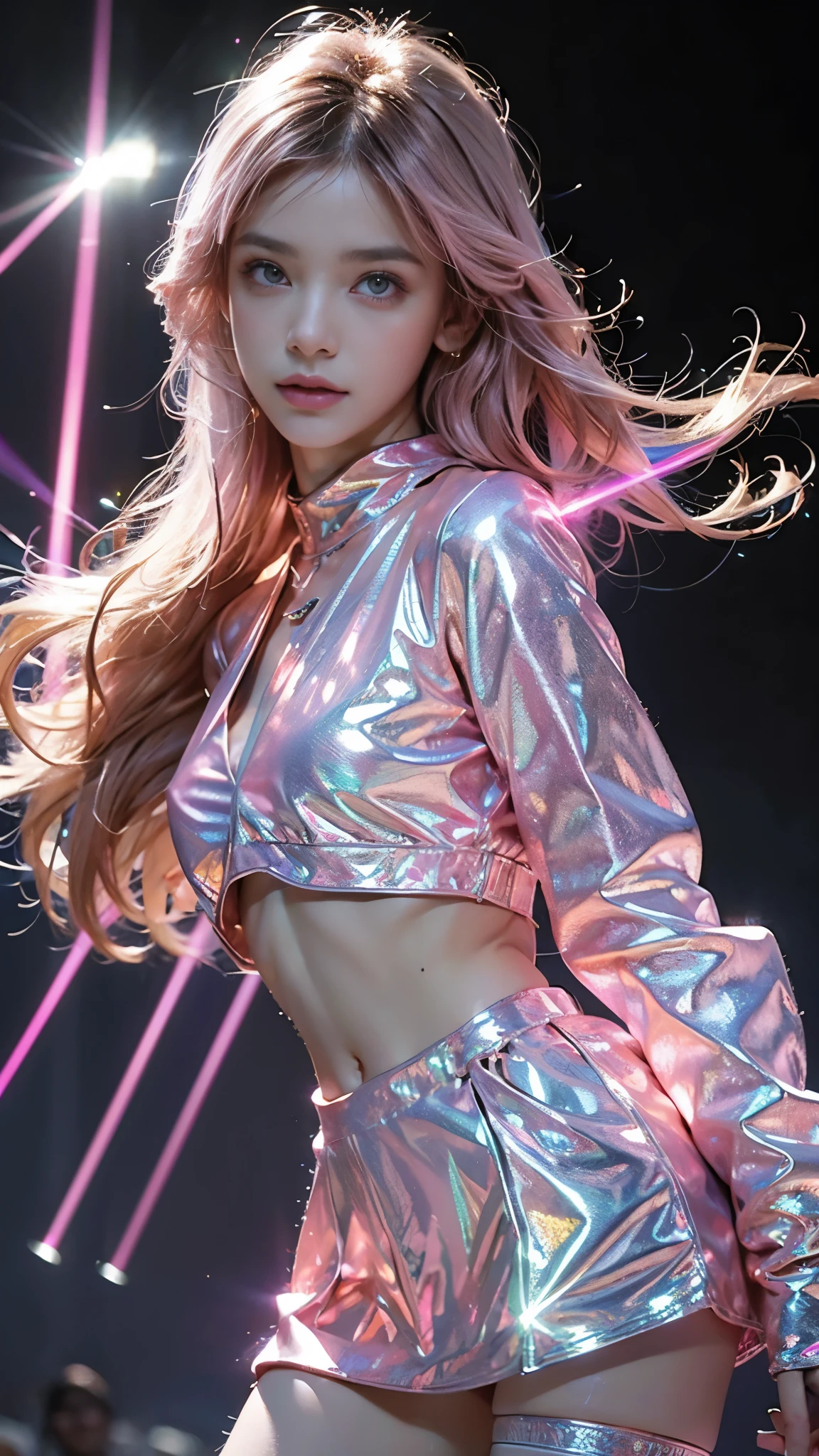8K, ultra hd, masterpiece, 1 girl, (good face:1.4), detailed eyes, very long hair, impressive hairstyle, earings, necklace, small breasts, (fantasy glowing outfit:1.5), see-through, (pink laser outfit:1.5), Light-colored foundation brings out the skin, (in the dark:1.5), mystery, (laser lights:1.5), glowing lights, very decoration, The moonlight falls like water, perfect front body,