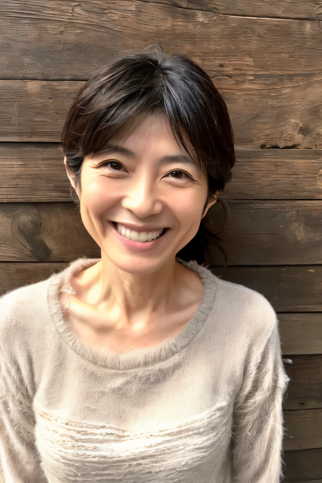 ((unparalleled masterpiece ever, top-quality, Female, 45 years old, grin, Japanese mature, ((Scruffy body:1.1)), casual clothes,