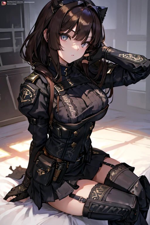 (Make the subject look three-dimensional with the contrast of light and shadow),Cute and beautiful 22yo girl,(masterpiece:1.2), best quality, high resolution, unity 8k wallpaper, (illustration:0.8), (beautiful detailed eyes:1.6), extremely detailed face, perfect lighting, extremely detailed CG, (perfect hands, perfect anatomy),Brown hair,watching at viewers,black suspenders,(Bulging ,big breasts:1.1),Black miniskirt,garters,Gaze,Small face,bangss,holster,Belt Armament,Beautuful Women srestrained,hands up,Leg holster ,sitting lying on the bed,Gaze,black boots,panty shot