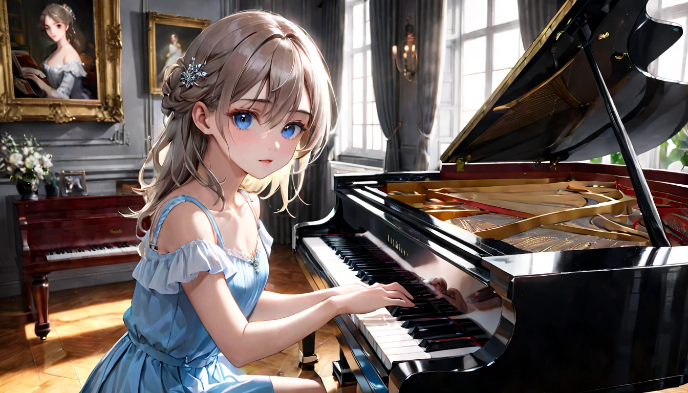 (best quality,4k,8k,highres,masterpiece:1.2),ultra-detailed,(realistic,photorealistic,photo-realistic:1.37), HDR,UHD,studio lighting,ultra-fine painting,sharp focus,physically-based rendering,extreme detail description,
A girl playing the classical piano in a music room. Her eyes are crystal clear and she has a slightly teary-eyed expression.