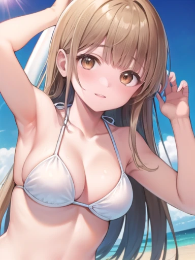 (masterpiece:1.3),((High resolution)),((high quality)),((Super detailed))、1 girl、perfect balance、perfect face、detailed face、cute face、beautiful詳細な目、Expressive eyes、cute eyes、shiny eyes、perfect body、beautiful体、(big breasts)、(head shot)、embarrassing、blush、beach、beautiful女の子、cute face、beautiful顔、cute face、beautiful、best quality、good anatomy、ornaments,Mahiru Shiina, Mahiru Shiina, blonde,brown eyes, ((brown eyes:1.7)), shiny eyes、perfect body、beautiful体、(((white bikini)))、smile、closed mouth、blush、Are standing、from below、