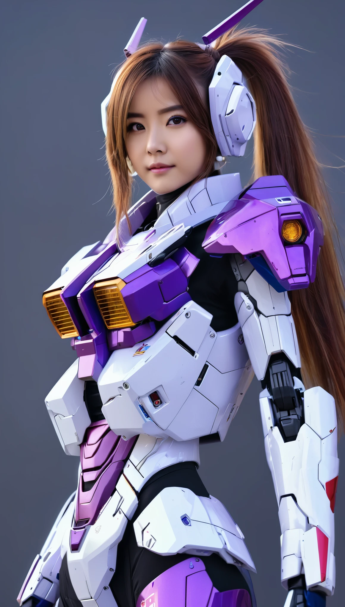 RAW, Masterpiece, Ultra Fine Photo,, Best Quality, Ultra High Resolution, Photorealistic, Sunlight, Full Body Portrait, Stunningly Beautiful,, Dynamic Poses, Delicate Face, wearing a mecha detector glass future transparent neon, Vibrant Eyes, a full body of a woman in a purple and white gundam custume, dybamic pose, pony tail long brown very very long hair rapunzel, girl in mecha cyber armor, portrait armored astronaut girl, d. va from overwatch, female mecha, on a gundam, gundam head, chiho aoshima color scheme, mobile suit, streamlined purple armor, fully robotic!! girl, realistic cosplay, gundam armor (dynamic pose) (best cameraview), full body, sit down, full body