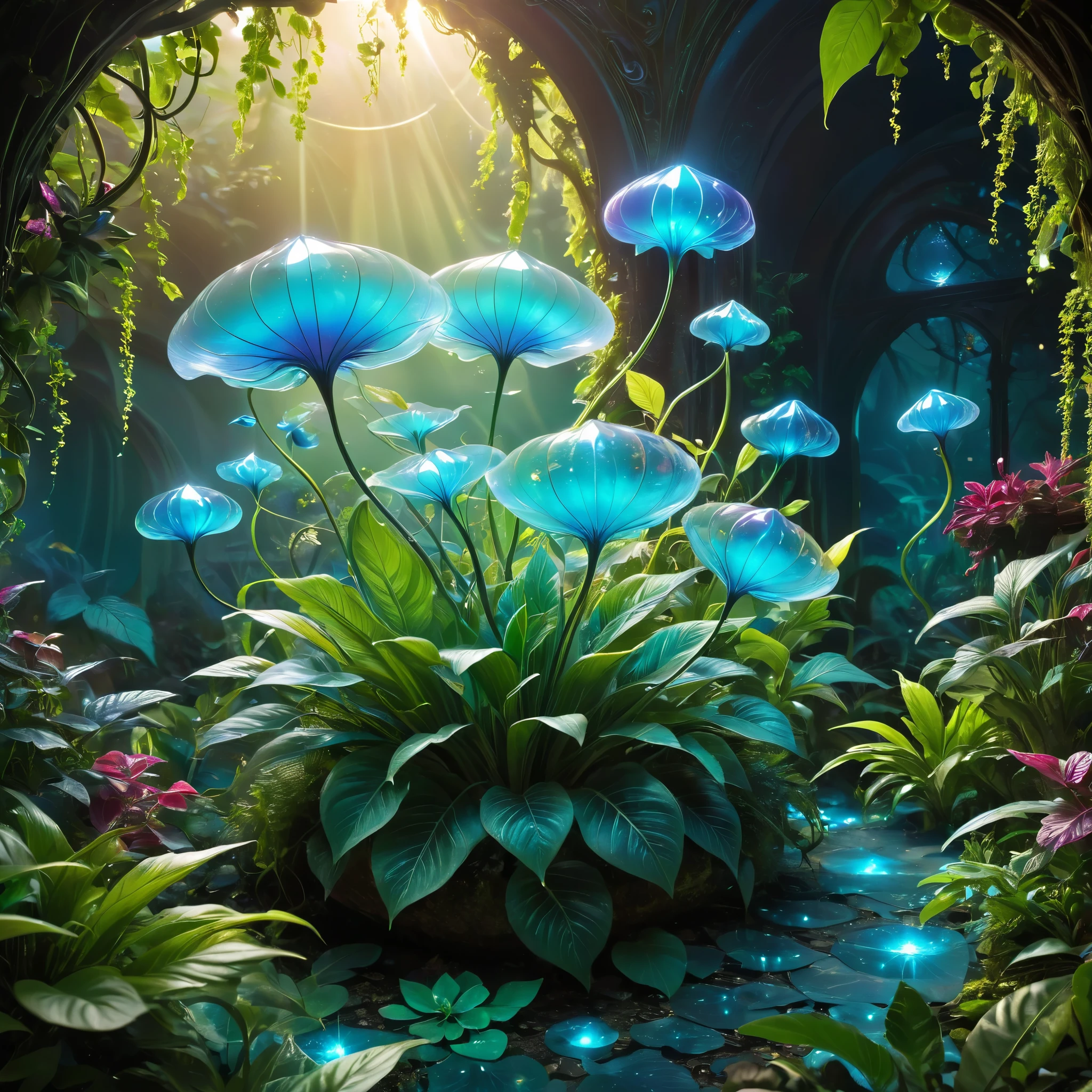 (best quality,4K,8K,high resolution,masterpiece:1.2),Super detailed,(actual,photoactual,photo-actual:1.37),bright colorful lights,bright colors,plant dream,Magical alien plants,Ethereal atmosphere,otherworldly,alien landscape,Alien vegetation,alien flora,unusual plant life,A strange display,Nourished by cosmic energy,Phosphorescence,glowing petals,Crystal leaves,bioluminescent tendrils,Surreal and energetic,rich saturation,organic shapes,Translucent flowers,Fantastic fantasy,charming surroundings,lush growth,rich foliage,Twisted vines,Glittering leaves,unusual texture,curved form,aromatic smell,Otherworldly beauty,mysterious temptation,mythological nature,magic garden,hidden sanctuary,peaceful tranquility,get along with nature.