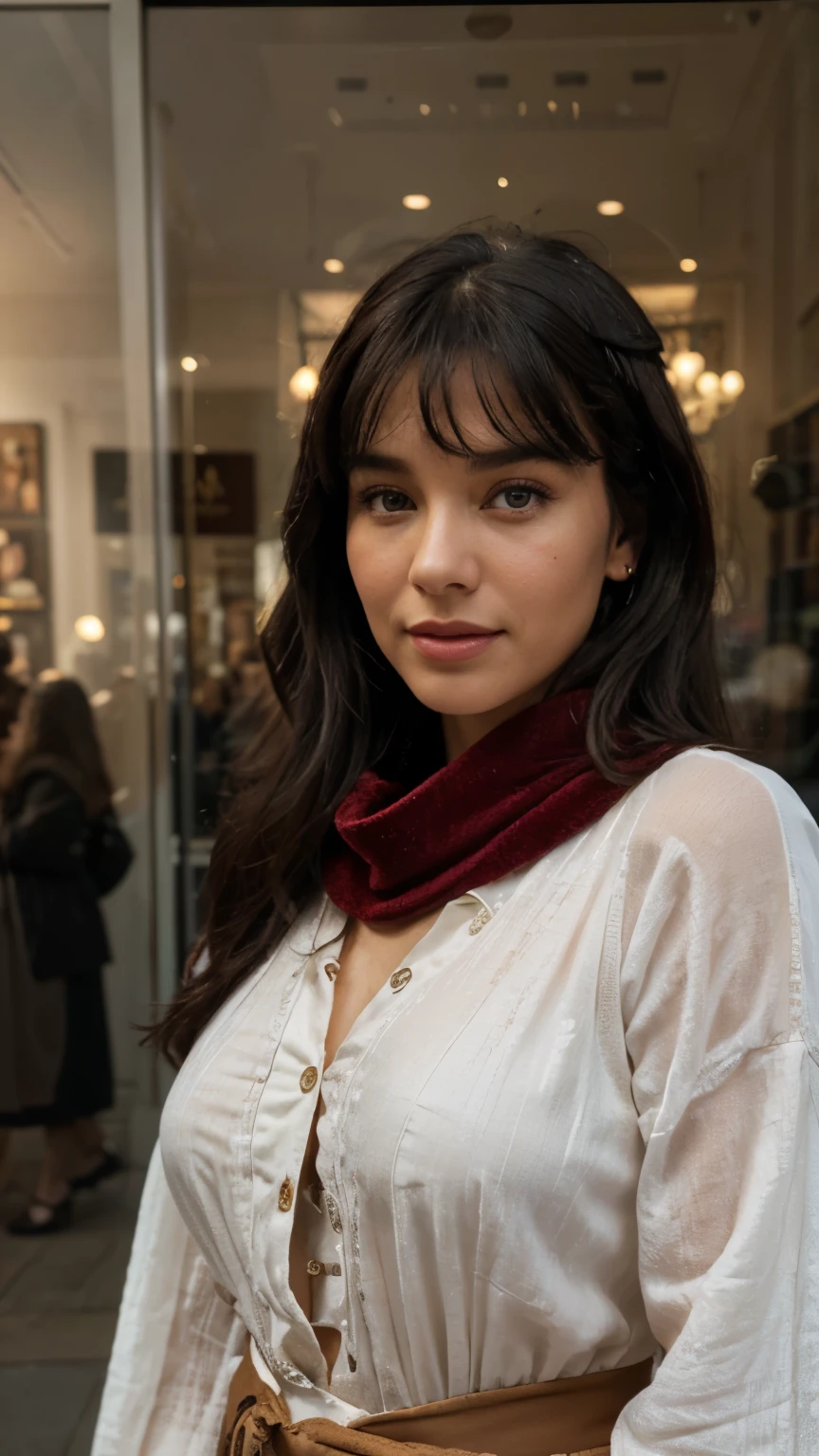 solo lovely smiling Bettie Page,, in front of boutique, (highest quality texture), boutique store front, display windows full of interesting items, film quality, dark skinned woman dressed in high style fashion, she wears red velvet scarf, (highest level red velvet texture detail, luxurious), she's in front of beautiful boutique ,soft accent candlelight in windows, gorgeous rembranndt like lighting, (Rembrandt patch), (highest quality window details), hip cool boutique in background, silky long dark hair, hair bangs to her eyes, every detail,Fine facial features, Masterpiece – Masterpiece ○○ quality – ○○ quality best quality(Highest Quality) ,Leica film, best, solo female, High quality (hiquality)　etc ○○ detailed – ○○ details ultra detailed(Ultra-fine ), Photorealistic, Extremely detailed(Extremely detailed) , Finely detailed(Fine-grained), (highest detail skin texture peachfuzz earlobe realistic)　etc ○○ res – ○○ resolution ultra high res(A high resolution) , very high texture res(light resolution), Realistic – Realistic Photorealistic – photorealistic beautiful – beautiful 4k , 8K, artsy shop front, close and intimate,