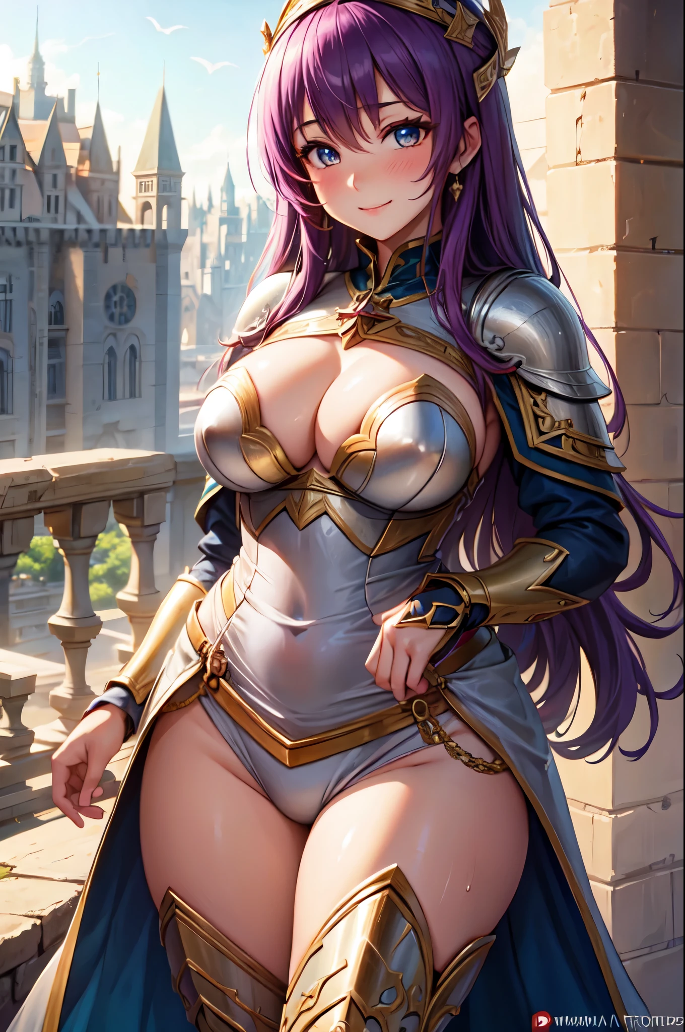 (High quality, High resolution, Fine details), a knightess in shining armor, medieval scene, castle in the background, solo, curvy women, sparkling eyes, (Detailed eyes:1.2), smile, blush, Sweat, Oily skin, Soft tones, shallow depth of field, dramatic lighting, vibrant colors