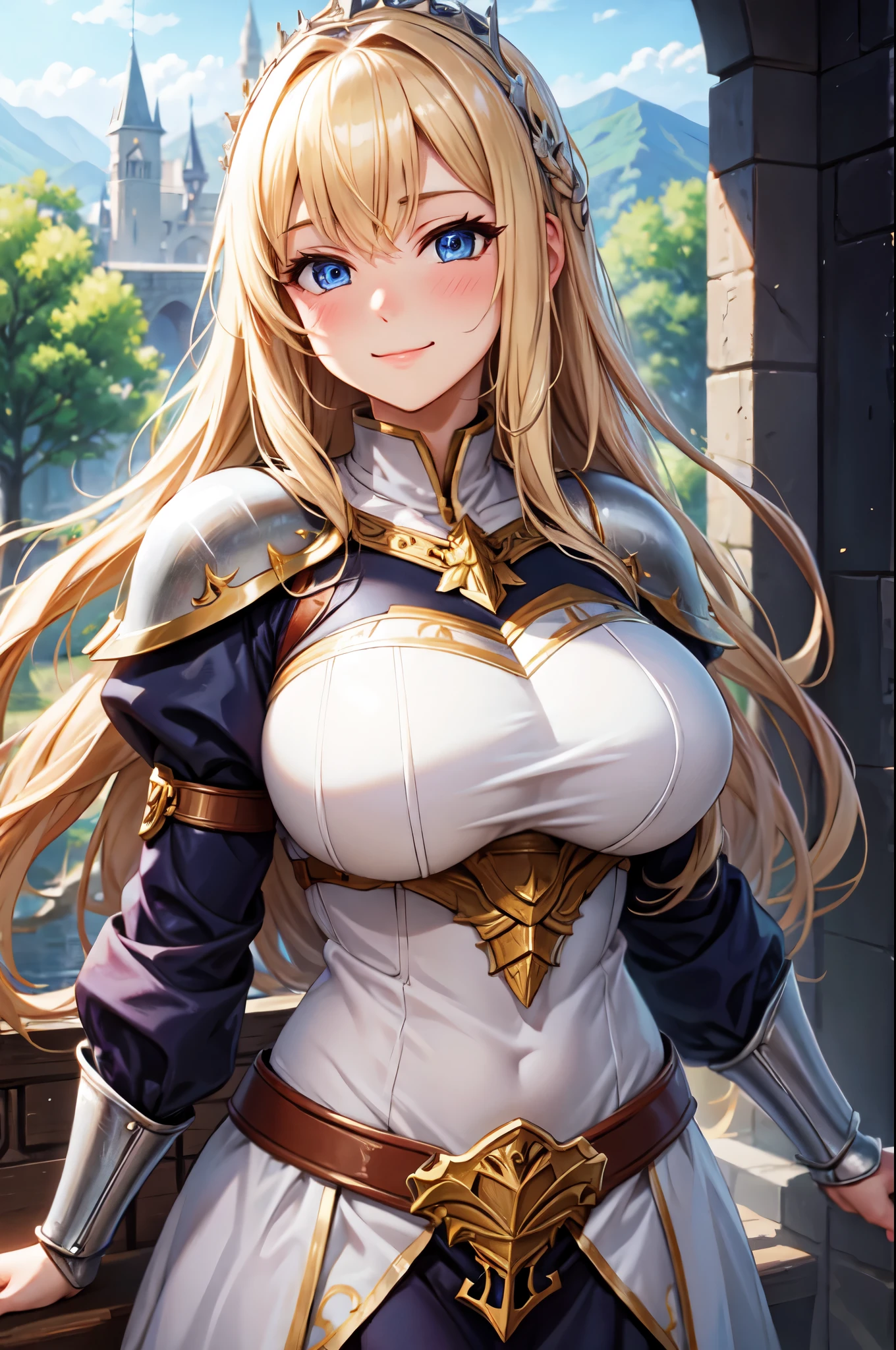 (High quality, High resolution, Fine details), a knightess in shining armor, medieval scene, castle in the background, solo, curvy women, blond hair, sparkling eyes, (Detailed eyes:1.2), smile, blush, Sweat, Oily skin, Soft tones, shallow depth of field, dramatic lighting, vibrant colors