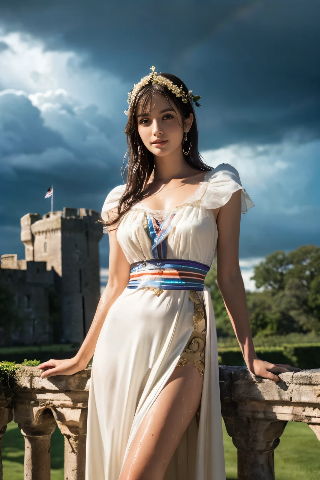 ((table top:1.4, highest quality)), (realistic pictures:1.4),
((1 girl)), (An unearthly beauty), (dream-like),
(超High resolution:1.2), very delicate and beautiful, wonderful, Highly detailed CG Unity 8K wallpaper, Super detailed, High resolution,
soft light, beautiful detailed girl, highly detailed eyes and face, beautifully detailed nose, beautiful and detailed eyes,
(Dressed in ancient Greek maiden costume:1.3), (wet),
cinematic lighting, perfect anatomy, slender body, (parted bangs),
(In the gardens of a Scottish castle:1.3), (Sunshine shining through the gaps in the dark clouds after a storm:1.3), (rainbow:1.3), (outdoor),
cowboy shot, looking at the viewer, archaic smile