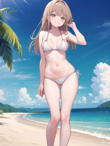 (masterpiece:1.3),((High resolution)),((high quality)),((Super detailed))、1 girl、perfect balance、perfect face、detailed face、cute face、beautiful詳細な目、Expressive eyes、cute eyes、shiny eyes、perfect body、beautiful体、(big breasts)、(head shot)、embarrassing、blush、beach、beautiful女の子、cute face、beautiful顔、cute face、beautiful、best quality、good anatomy、ornaments,Mahiru Shiina, Mahiru Shiina, blonde,brown eyes, ((brown eyes:1.7)), shiny eyes、perfect body、beautiful体、(((white bikini)))、smile、closed mouth、blush、Are standing、from below、 (NSFW:1.3), ((full body)),((Super detailedな背景)), Mistress Pose, ((8k wallpaper)) , smile, blush, outdoor, Day, blue sky, empty, looking at the viewer, moody lighting, face-to-face audience